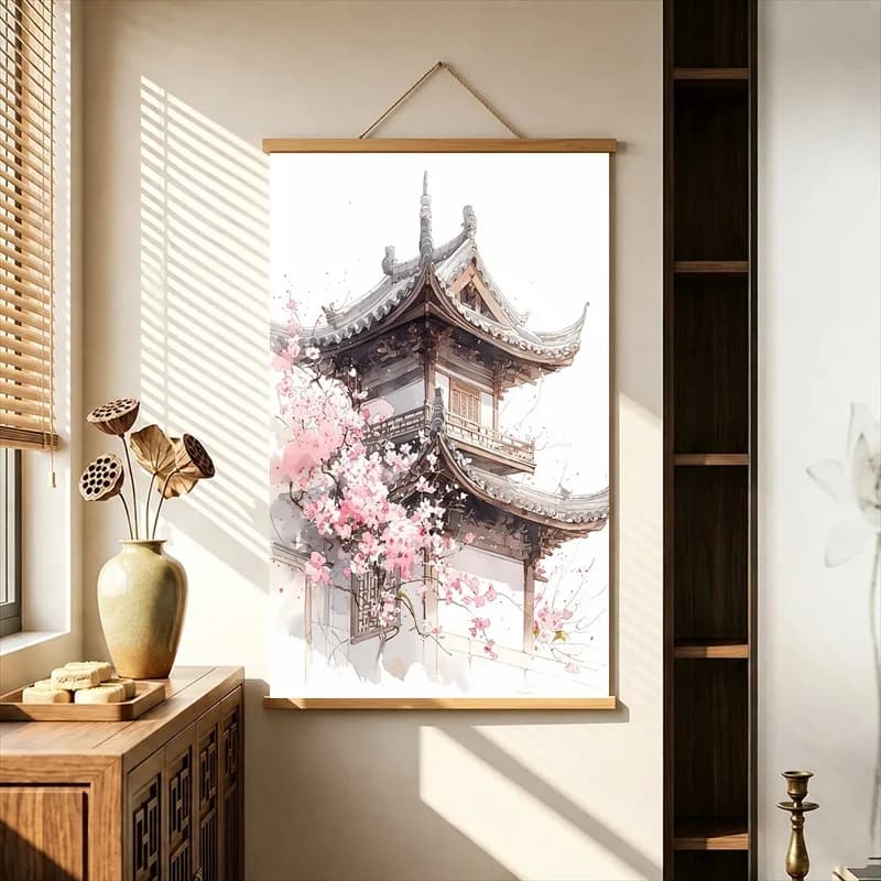 Wall Art Red Gates and Blossoms in Ancient Courtyards, Pearlescent Canvas Hanging Scroll for Boutique Hotel Interior Decor