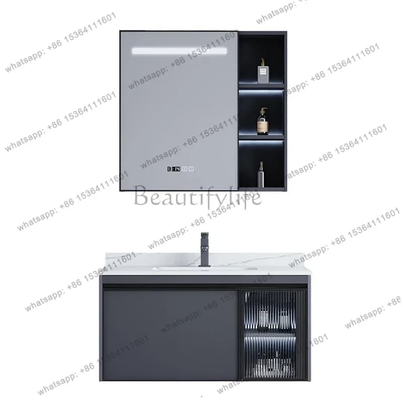 Ceramic integrated basin bathroom cabinet Mirror cabinet Simple modern space aluminum smart bathroom cabinet combination