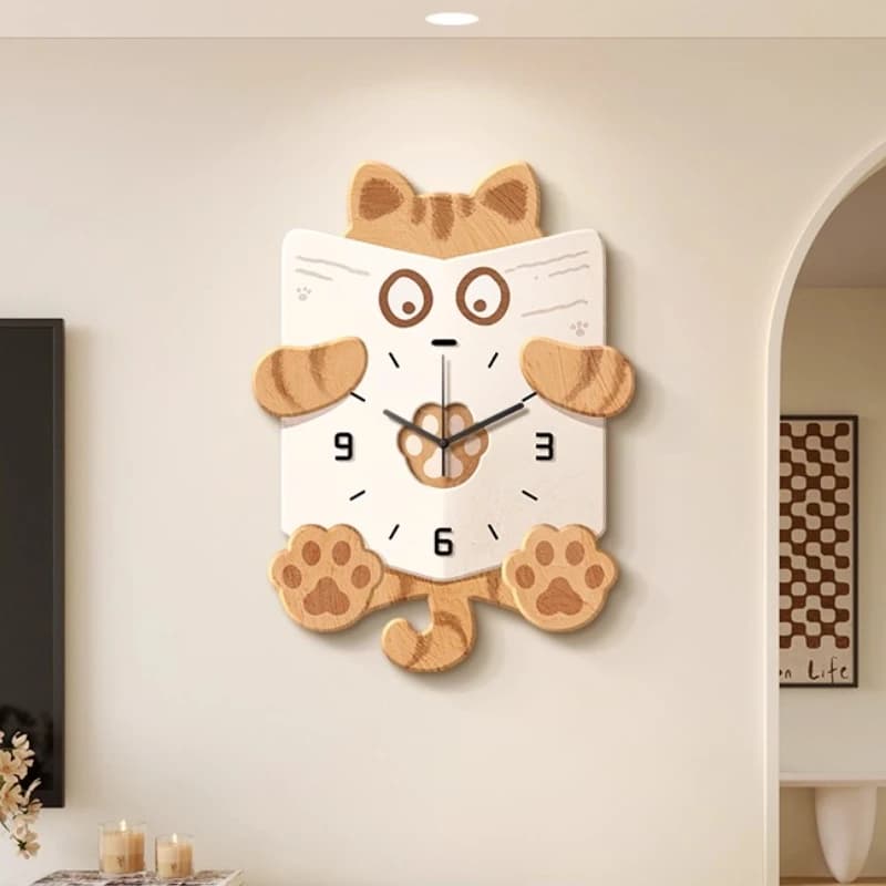 Cartoon Cat Decoration Wall Clock Cream Style Living Room Clock Mural Watch Corridor Restaurant Fashion Number Mute Wall Clock