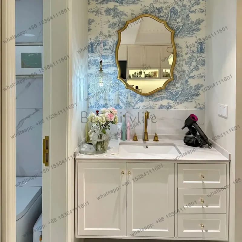French retro smart mirror oak bathroom cabinet combination rock slab seamless ceramic basin American style
