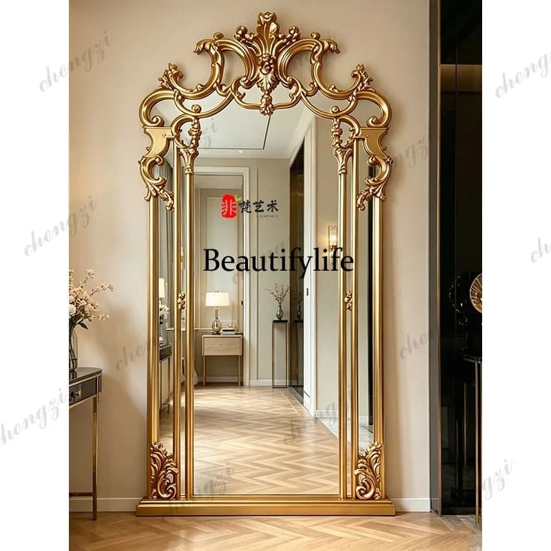 French retro carved full-length mirror, living room wall-mounted porch, gothic floor-to-ceiling full-length mirror