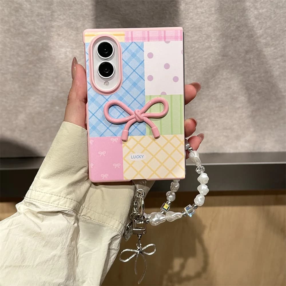 Korean Fashion Pink check pattern Phone case for Samsung Galaxy Z Fold 8 Ultra Fold 8 Cover With Chain Cute Shockproof Cover