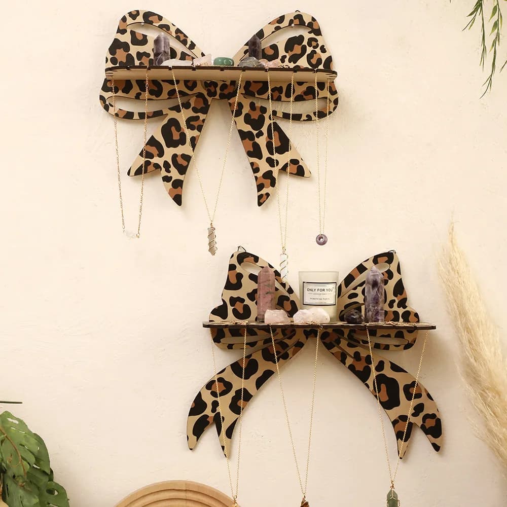 Leopard Print Bow Wall Shelf Boho Wooden Jewelry Holder Necklace Organizer Hanging Storage Rack for Bedroom Dorm Aesthetic Decor