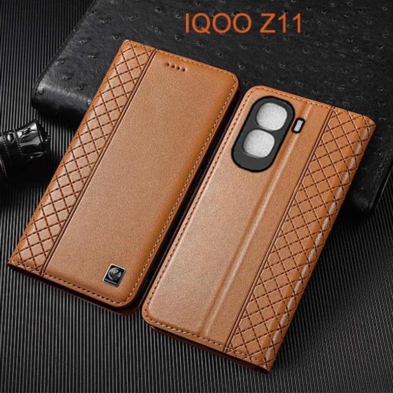 Napa Inner Grid Genuine Leather Flip Case For IQOO Z11 Turbo Z11X Phone Cover Card Cases Scratch Proof