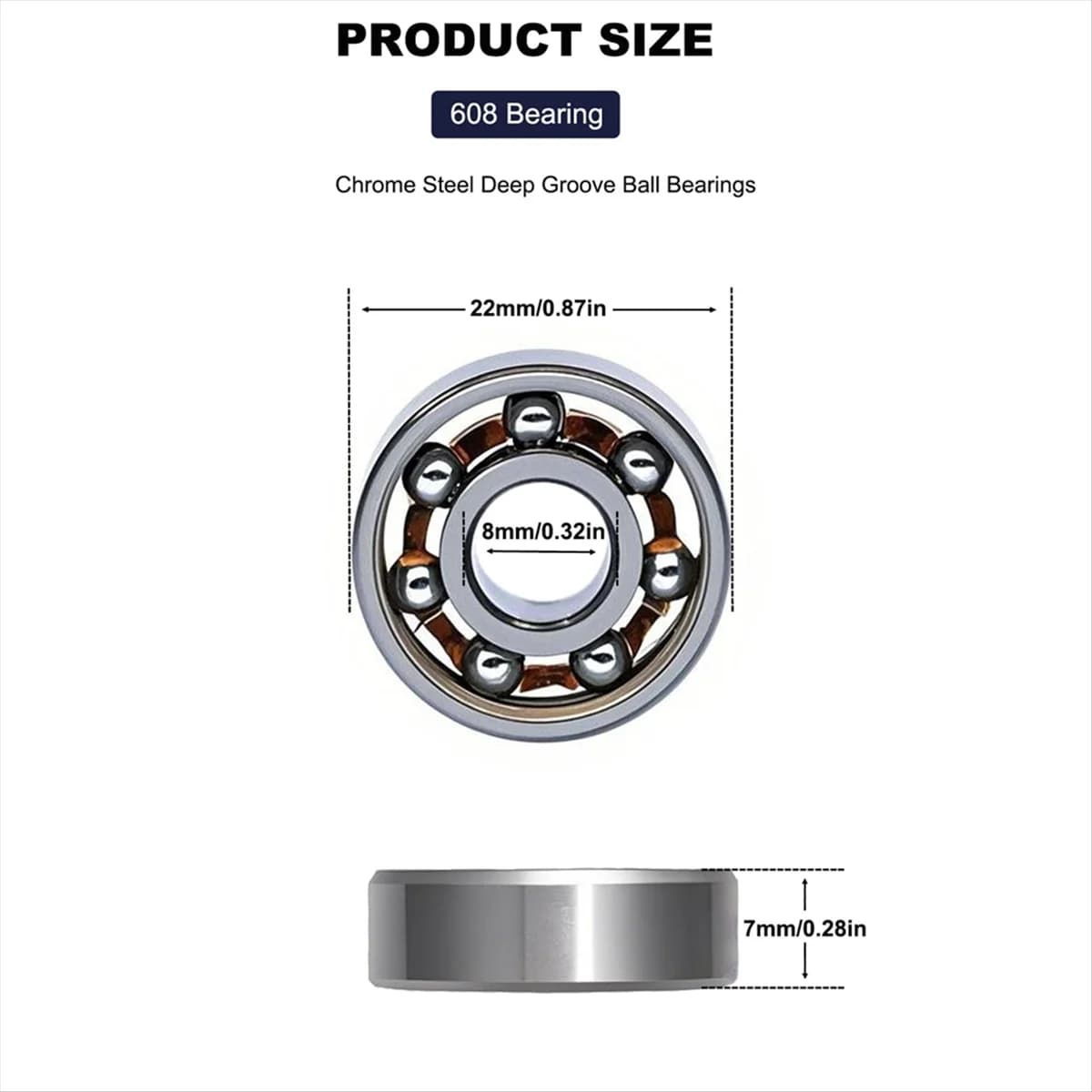 100 Pcs 608 Ball Bearings -High Precision Rating Spinner Bearing Miniature Deep Groove Ball Bearings (8mm X 22mm X 7mm)