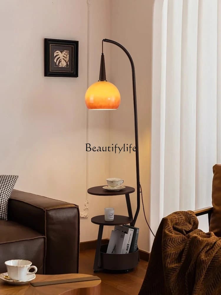 French medieval floor-to-ceiling luminous object, coffee table rack next to the sofa in the living room, integrated