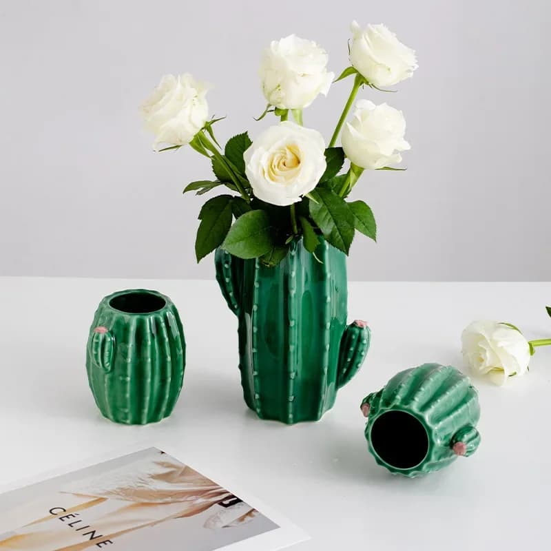 Ceramic Vase Cactus Shaped Flower Vase Desktop Decoration Dried Flower Hydroponic Living Room Flower Arrangement Ornament