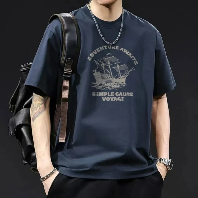 Retro Trend Creative Sailboat Print Casual Men's Women's Loose Pure Cotton Cool Stylish Heavy Round-neck Short-sleeved T-shirt