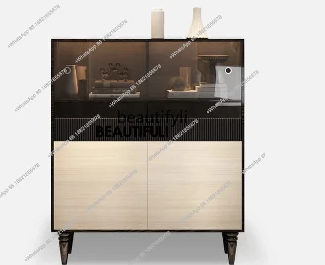 ss8350 French retro wine cabinet villa living room, medieval decorative side cabinet with sensor light solid wood high cabinet