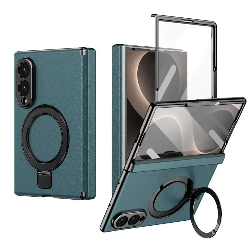 360 Rotating Ring Holder Protector For Samsung Galaxy Z Fold 8 wide 5G Z Fold 8 5G Real Leather Skin with Film Shell Back Cover