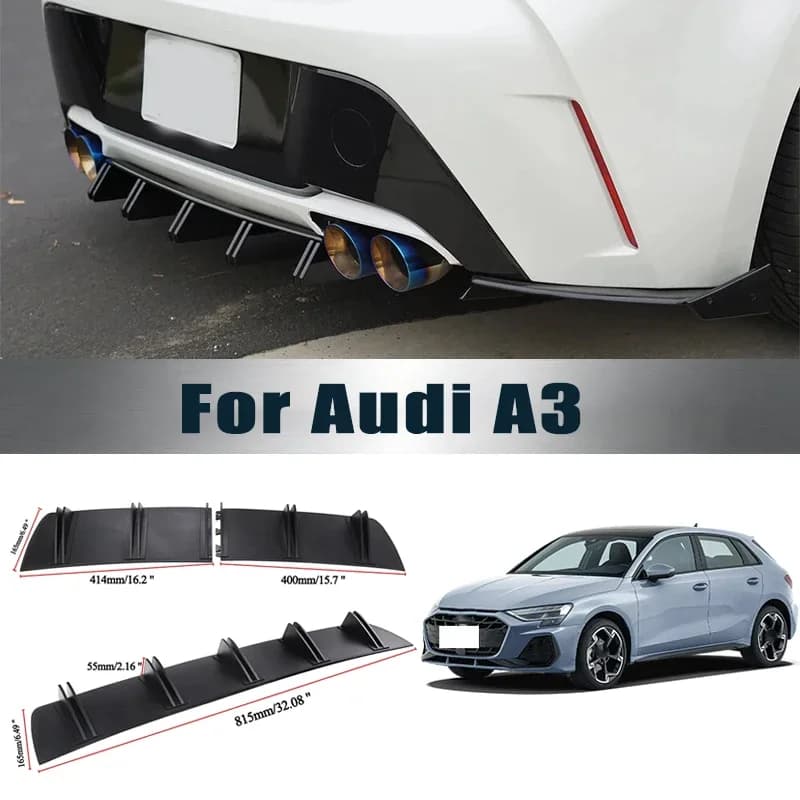 For Audi A3 Rear Diffuser Shark Fin Double Wing ABS Curved Aero Spoiler Anti-Collision Chassis Protector Car Styling