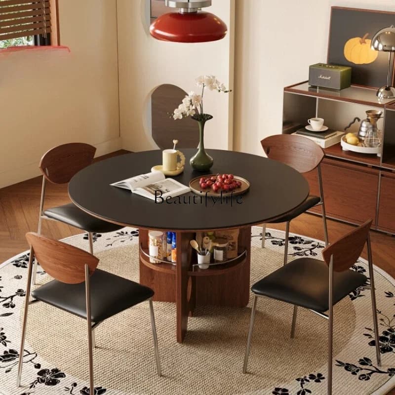 LJYVintage High-End Round Negotiation Table Light Luxury Solid Wood Rock Board Dining Table