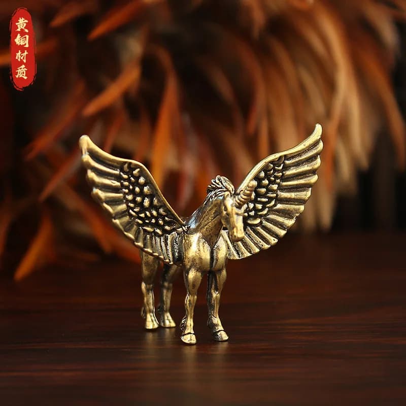 Brass unicorn winged figurines, featuring a zodiac horse design, suitable for decorating living rooms, offices, and de