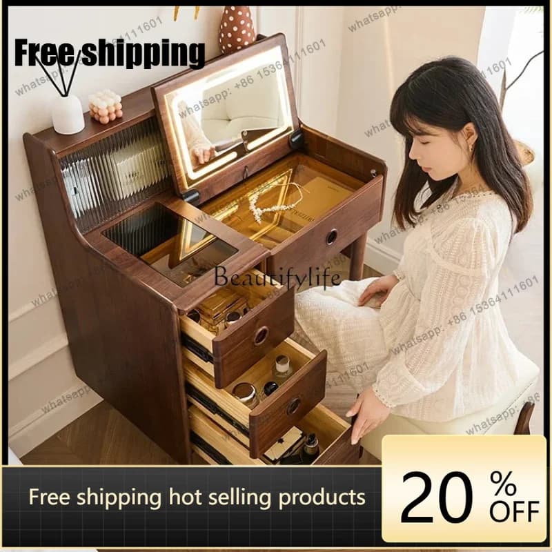 Factory Direct Black walnut solid wood bedroom storage cabinet integrated flip desk dressing table