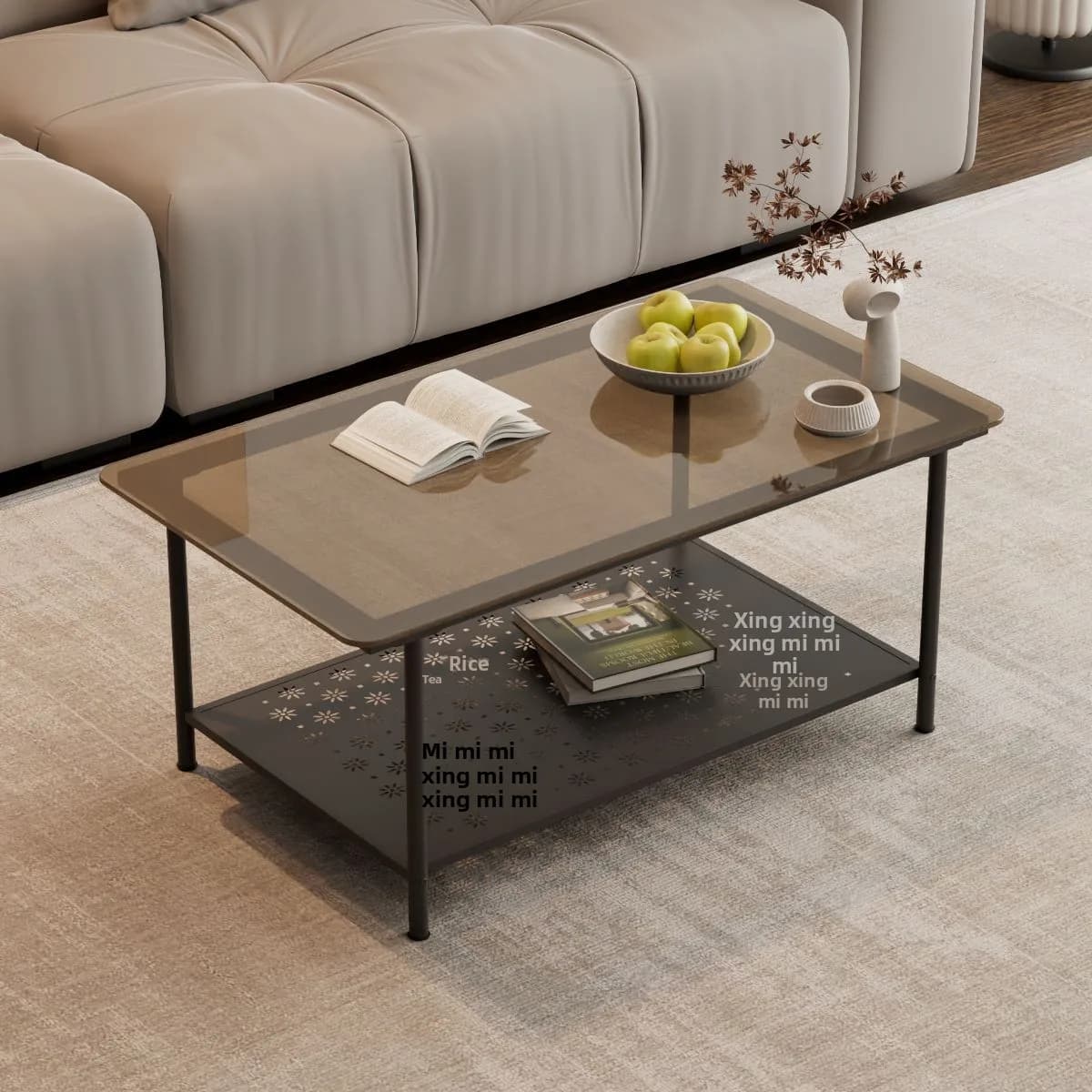 #Luxury Modern Small Apartment Coffee Table Metal Frame Double-layer Tempered Glass Storage Long Square Design for Living Room