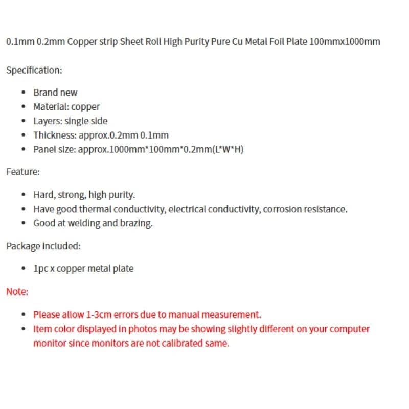 High Purity Copper Foil Roll 0.2/1mm Thick 100x1000mm Metal Strip Plate for Electronic Industrial Projects Tool Parts