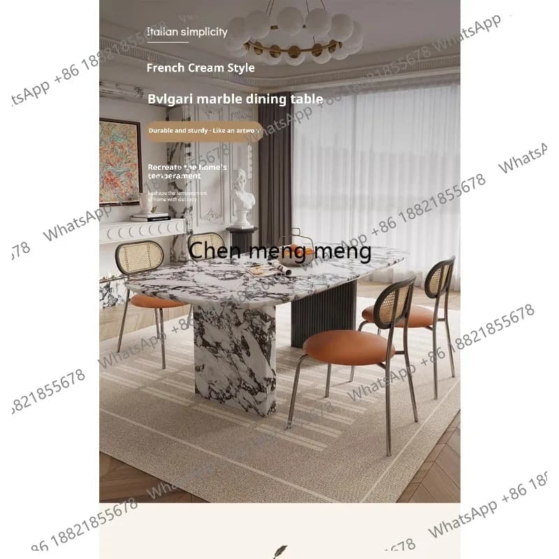 Luxury French Rectangle Marble Table, Cream Aesthetic Designer Villa Furniture, Trendy Natural Stone Dining Table​