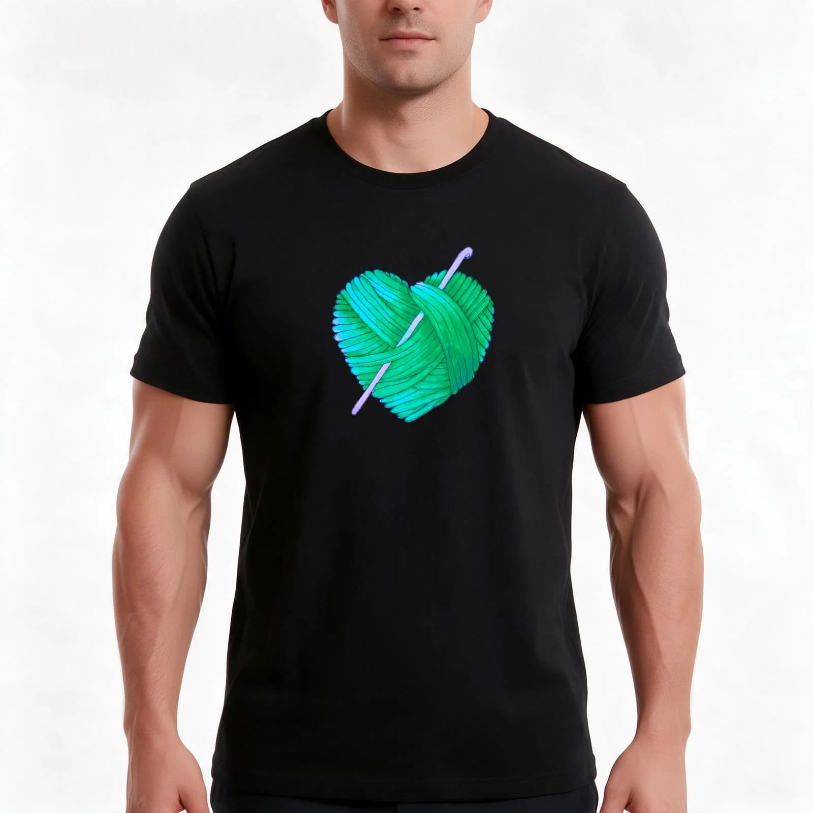 Cute Heart Ball of Yarn and Crochet Hook in Teal Green Blue T-Shirt, Summer Casual Cotton Tee, Oversized Streetwear Tops