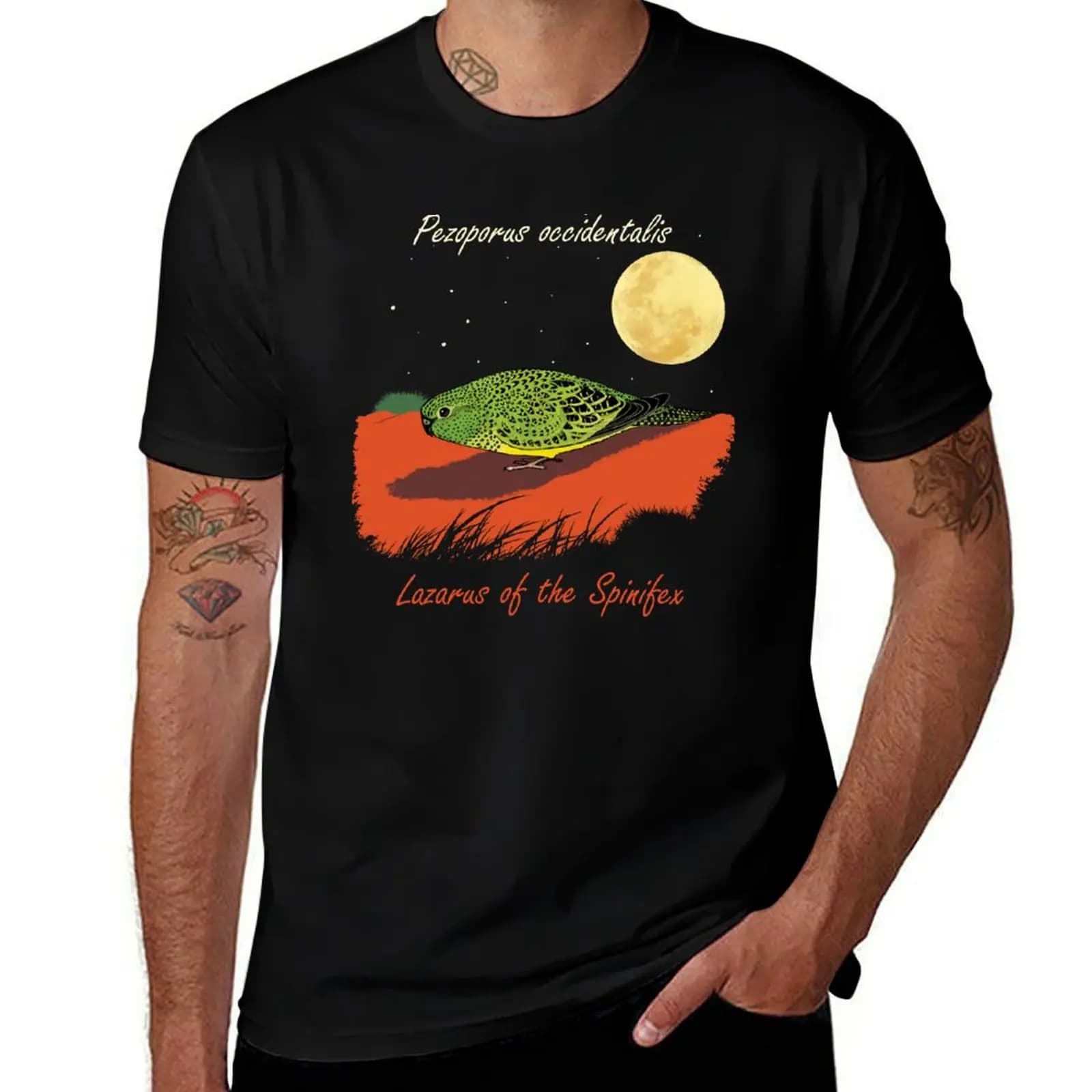 Night Parrot, Pezoporus occidentalis, Lazarus of the Spinifex. T-Shirt Basic Short Sleeve Cotton Blend T-Shirt