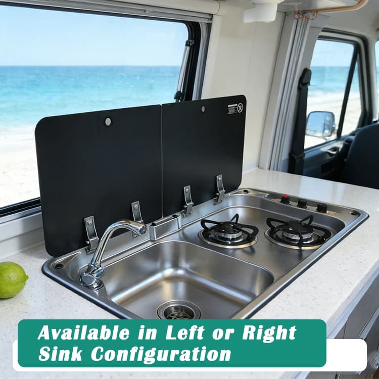 304 Stainless Steel RV Sink with Dual-Burner Gas Stove Combo Built-in Camper Van, Caravan & Motorhome Kitchen Unit