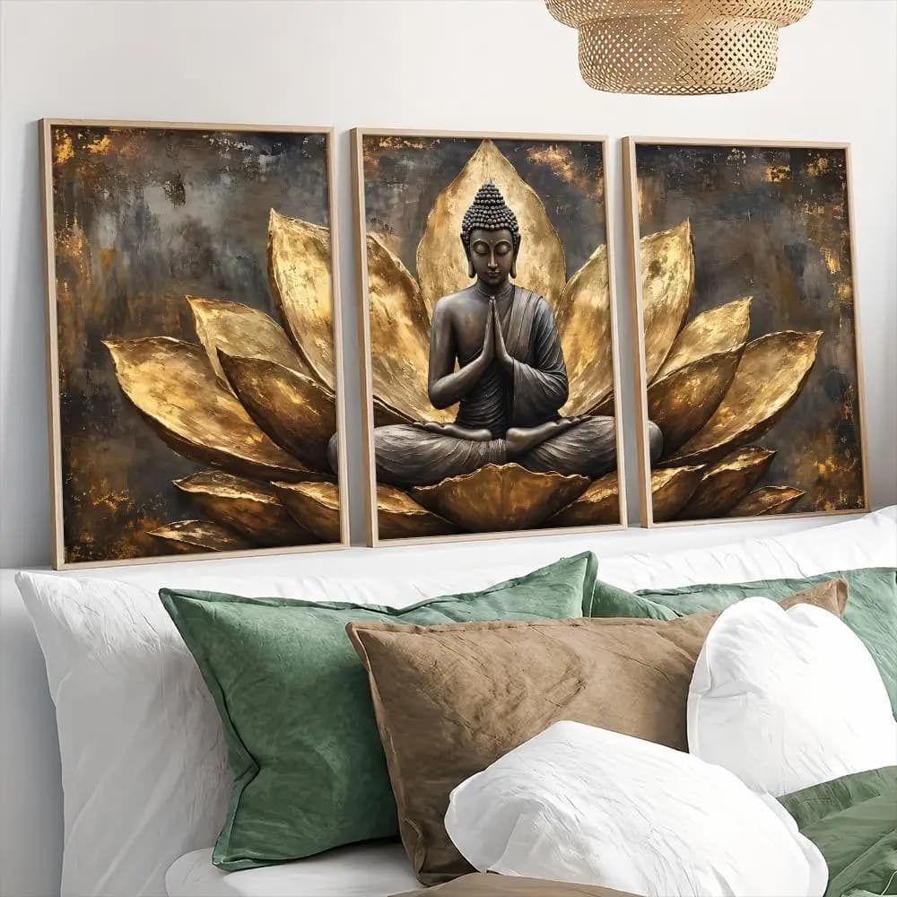 Buddha Lotus Meditation Painting Calligraphy 3 PCS Canvas Wall Art Prints for Living Room Decor Modern Vintage Wall Decals