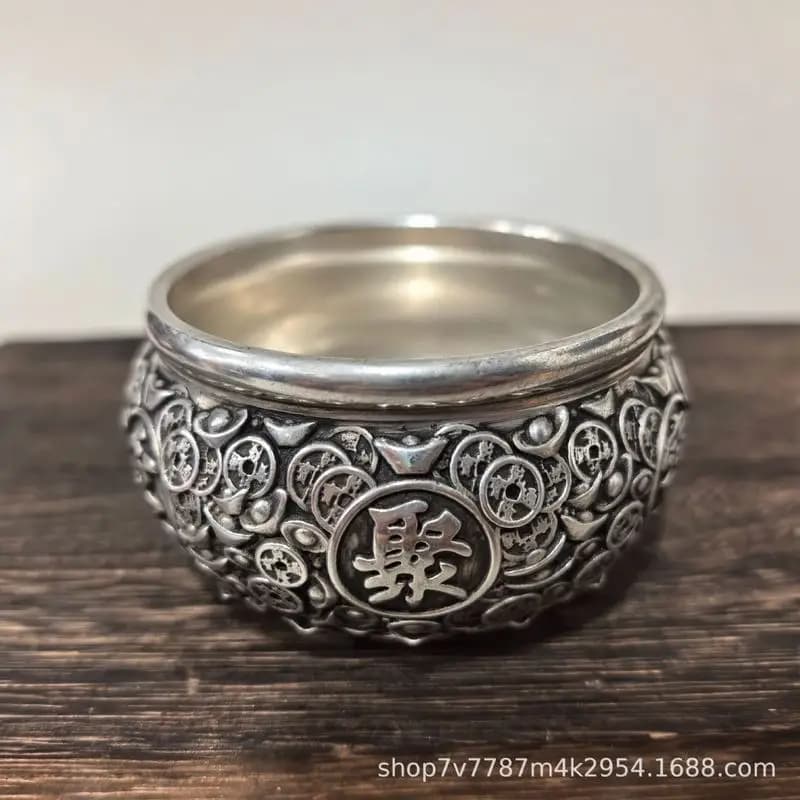 Brass Craftwork Silver-Plated Treasure Bowl Home Office Decorative Ornament