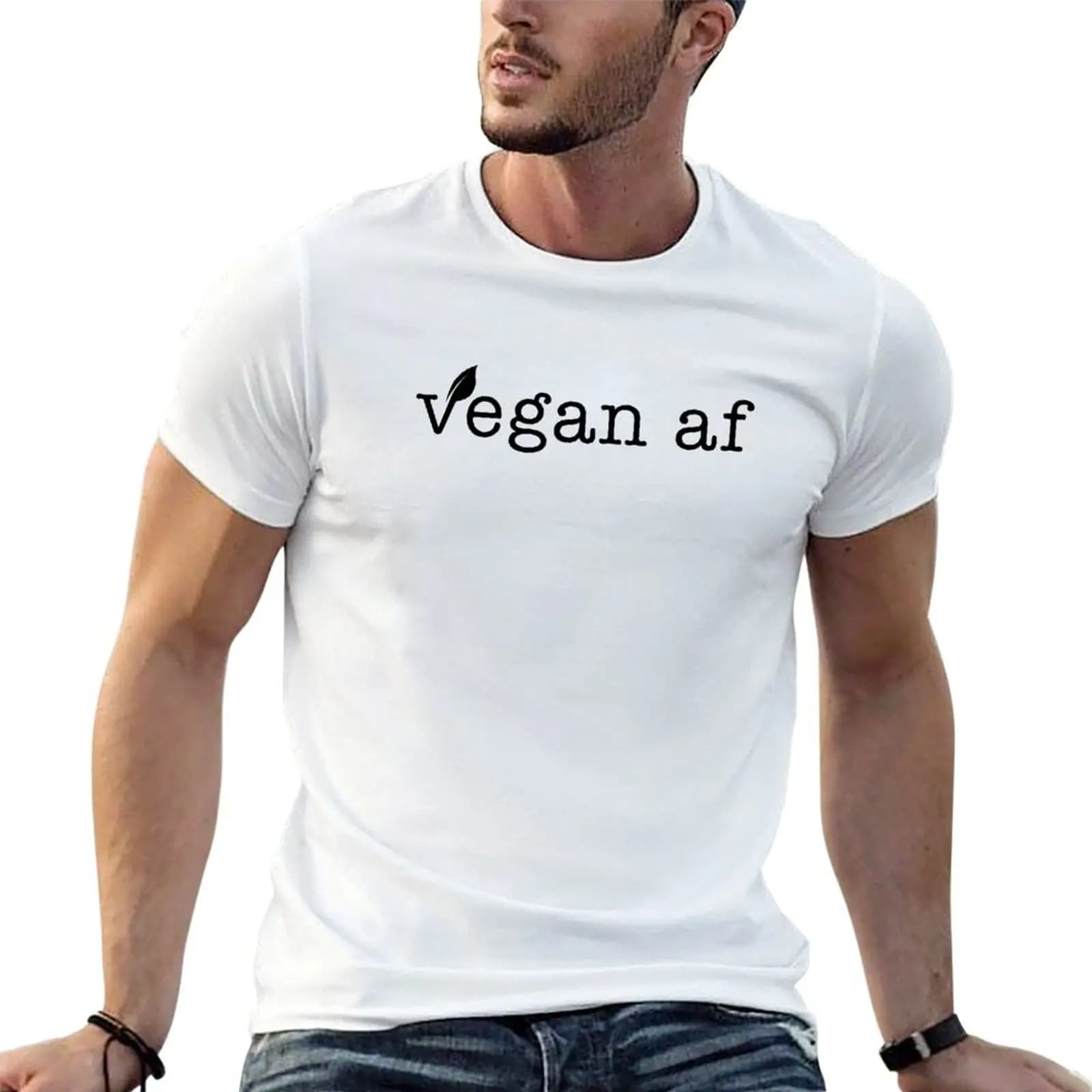 Vegan AF Retro Typewriter Font T-Shirt Casual Loose Short Sleeve Tee for Men