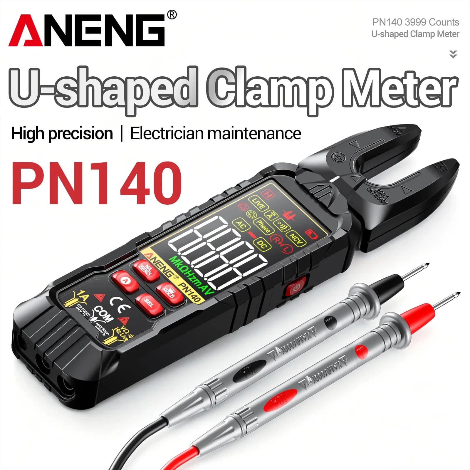 ANENG PN140 3999 Counts Clamp Meter AC/DC 200A Current 600V Voltage VA Color Screen 90° Rotating Jaw NCV Electrician Repair Tool