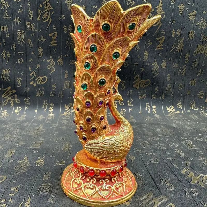 New Chinese-style decorative piece: floor vase with peacock feathers gemstones home decor for living room and entryway