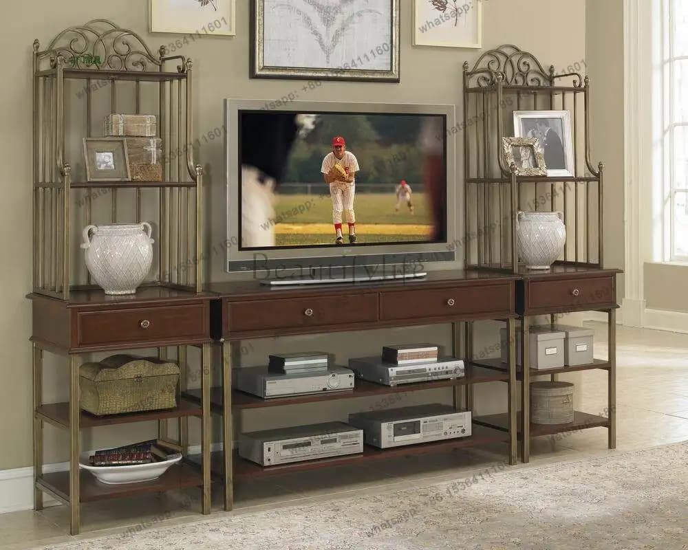 Nordic retro TV cabinet shelves, wrought iron side cabinets, wooden storage bookshelves