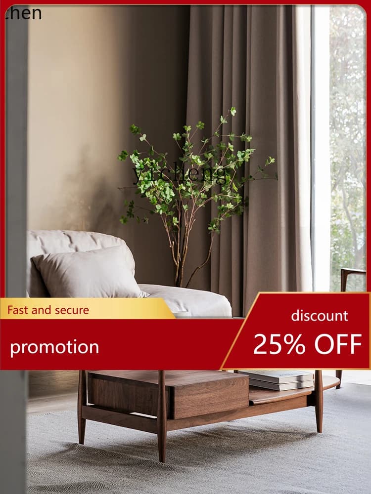 YFY Solid Wood Tea Table Black Walnut Nordic Light Luxury and Simplicity Tempered Changhong Glass Living Room Furniture