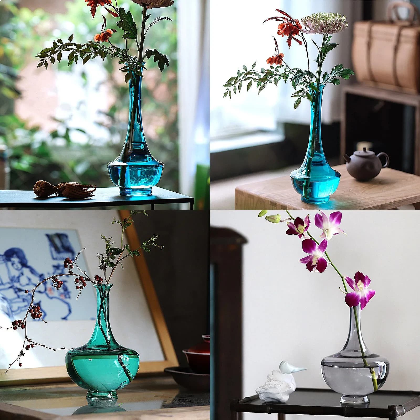 Chinese Japanese Antique Zen Green Song Dynasty Vase Long Neck Small Mouth Single Branch Flower Vase Glass Flower Vessel