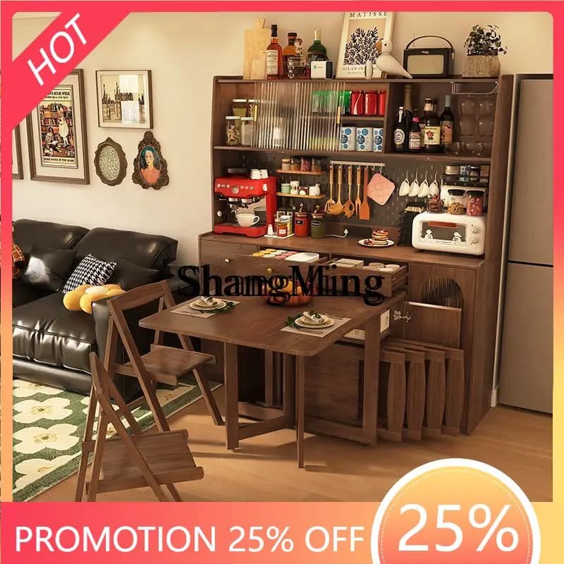 FG Solid Wood Sideboard Folding Dining Table Integrated Extendable Folding Mobile Small Household Table Multifunctional