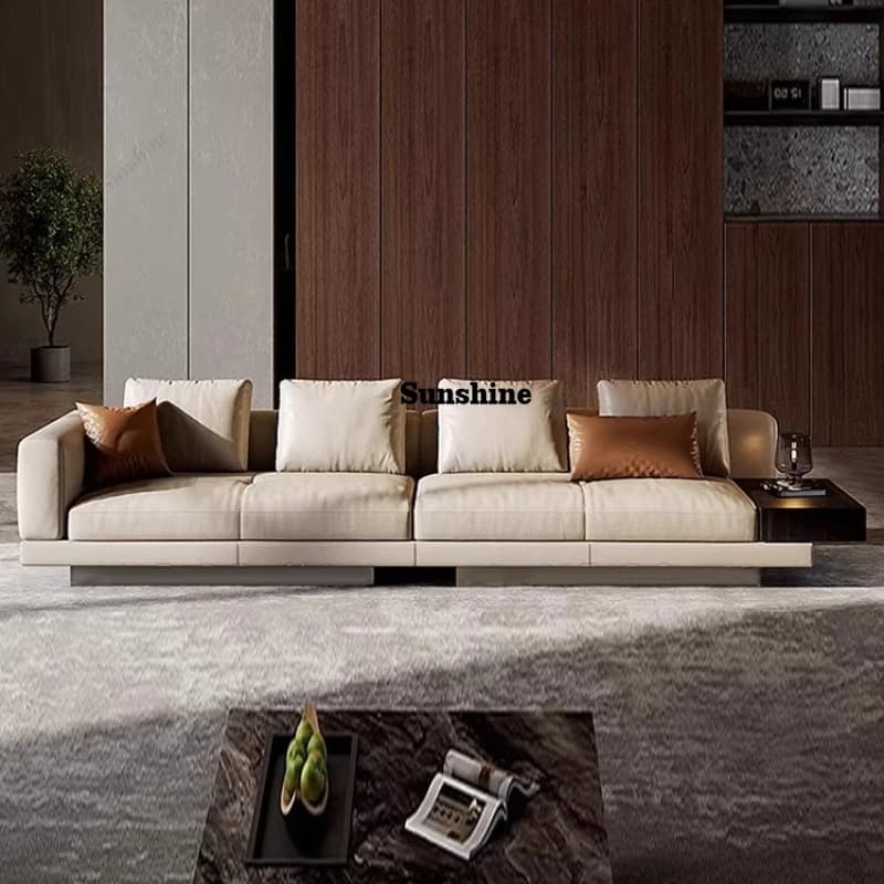 Italian minimalist, villa large flat floor living room suspended leather straight row sofa combination