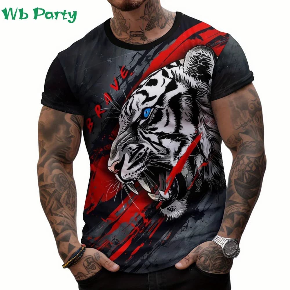 Funny 3D Tiger Print Men's T Shirt Fashion Lion Animal Pattern Short Sleeve Tops Hip Hop Trend y2k Clothes Summer Oversized Tees