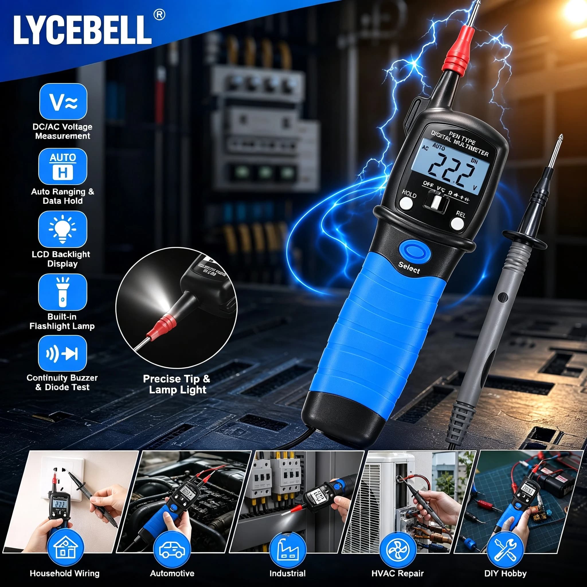 HoldPeak 38B Pen Type Digital Multimeter 1999 Counts True RMS AC/DC Voltage Resistance Diode Continuity Tester LED Light for DIY
