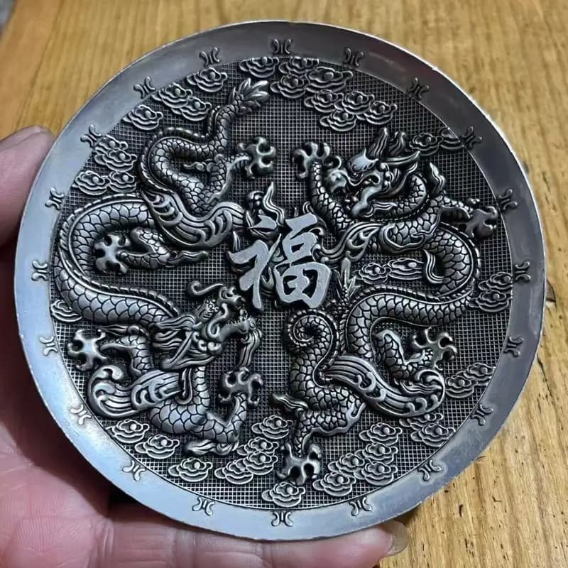 Tourist souvenir: Double Dragon , pen washer, embossed silver-plated white copper plate, saucer, tea dish, polished and