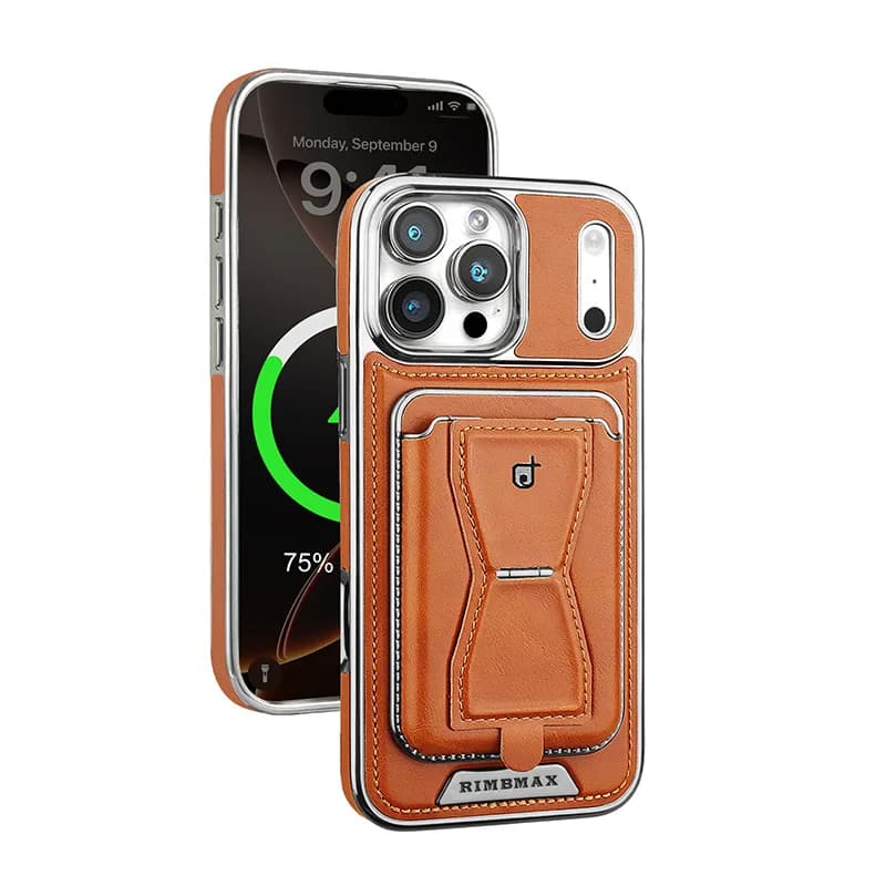 Solid Color Leather Phone Case for iPhone Air 17 16 15 14 Plus 13 12 Pro Max with Card Slots and Magnetic Stand