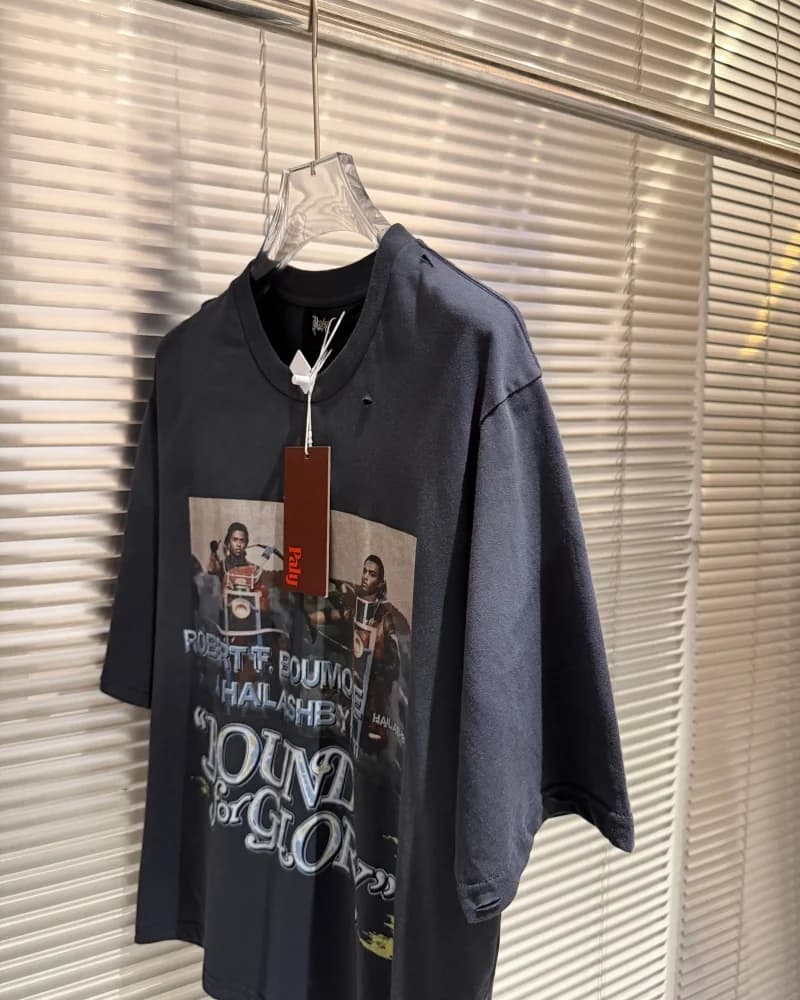 American Vintage Ripped Cotton Washed Digital Print Motorcycle Lettering Summer Crew Neck Paly T-Shirt