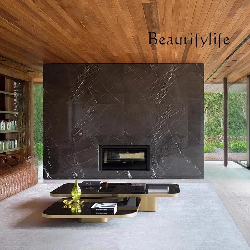 XX Italian Minimalist Light Luxury Stainless Steel Coffee Table Simple Modern Living Room Square Cake High Low Combination Tabl