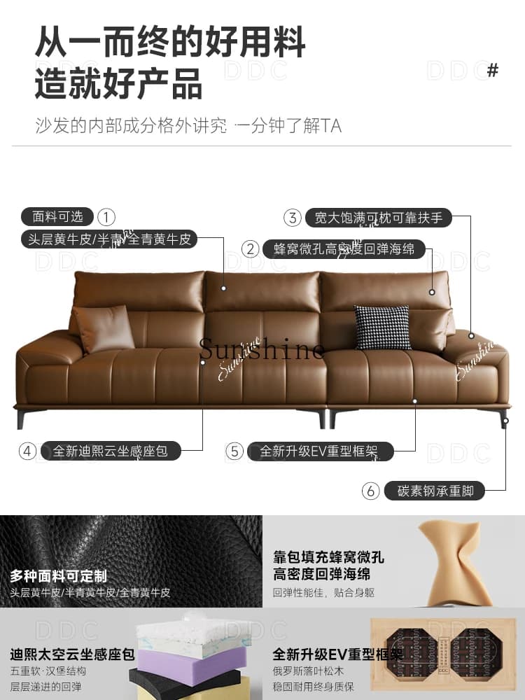 Italian minimalist leather sofa combination modern simple size apartment living room light luxuryH