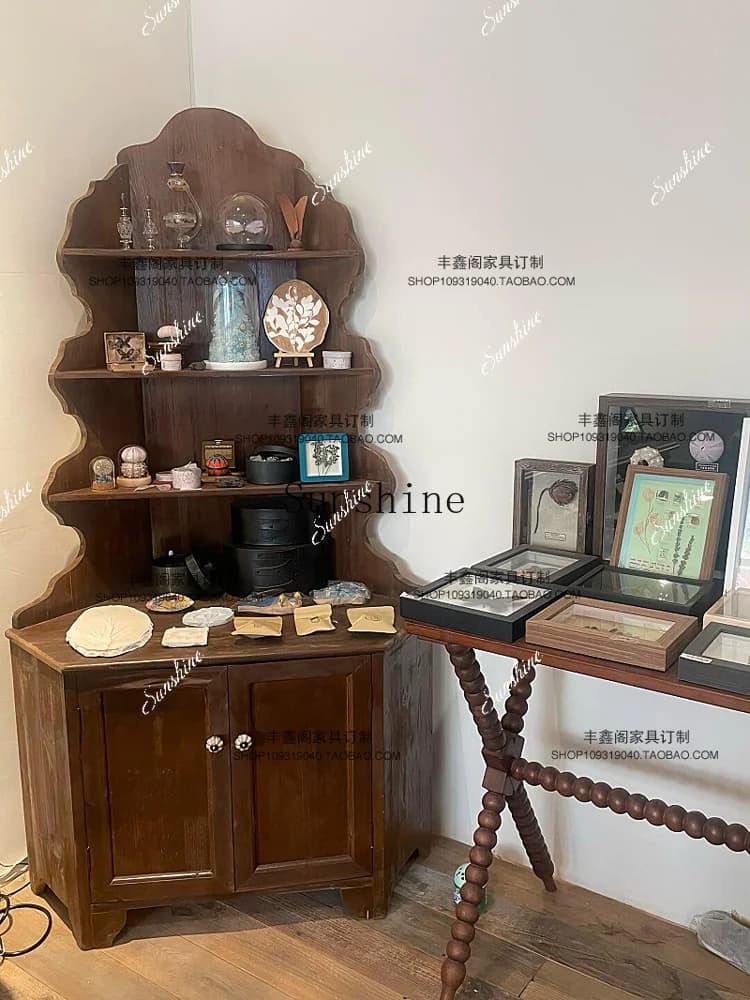 Solid wood retro carved dining side corner display rack old Shanghai locker  FT