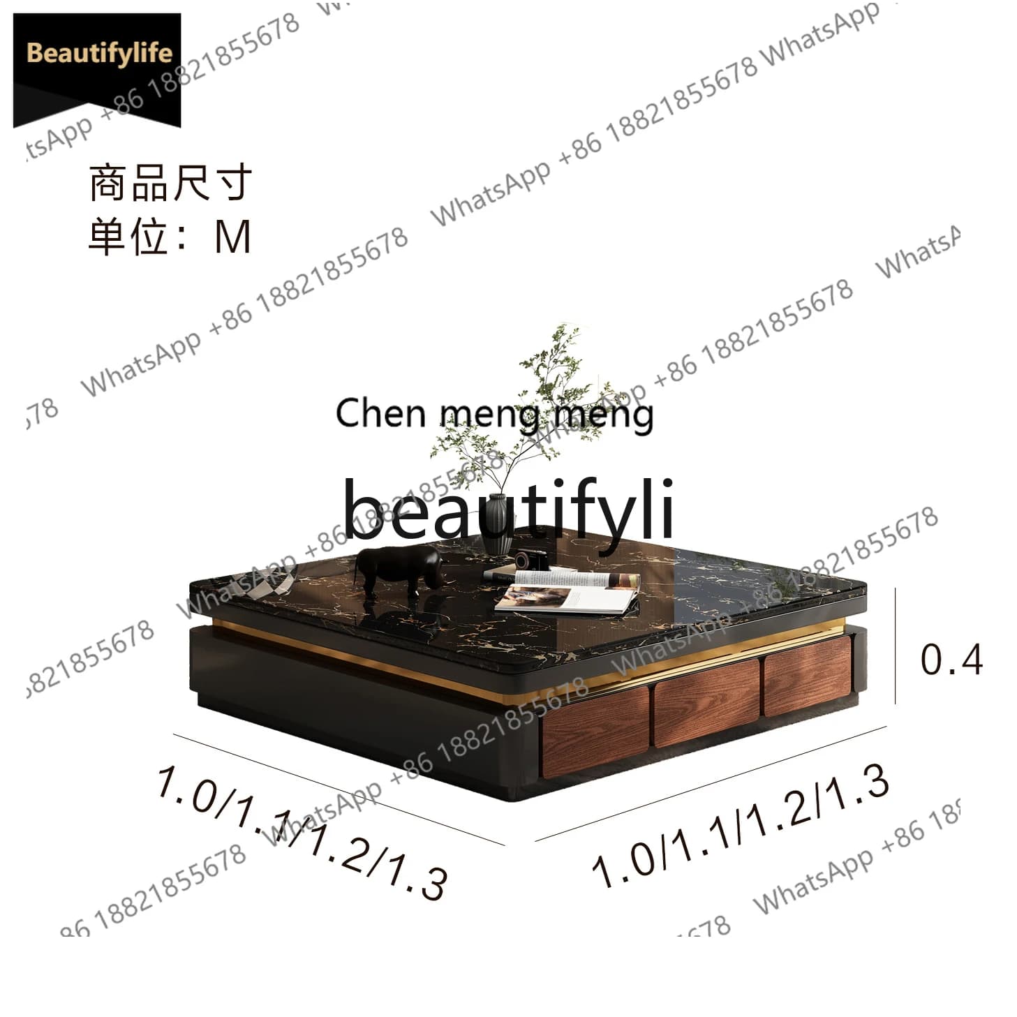 GG High-end Villa Natural Marble Solid Wood Coffee Table Living Room Luxurious Feel