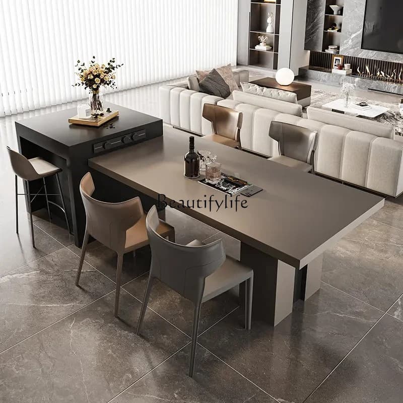 Italian minimalist island dining table integrated retractable rock slab household light luxury movable medium guide tea table