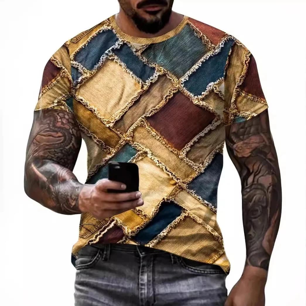 Street hip-hop men's clothing retro patch denim 3D printed T-shirt retro color block short sleeved O-neck casual streetwear tops