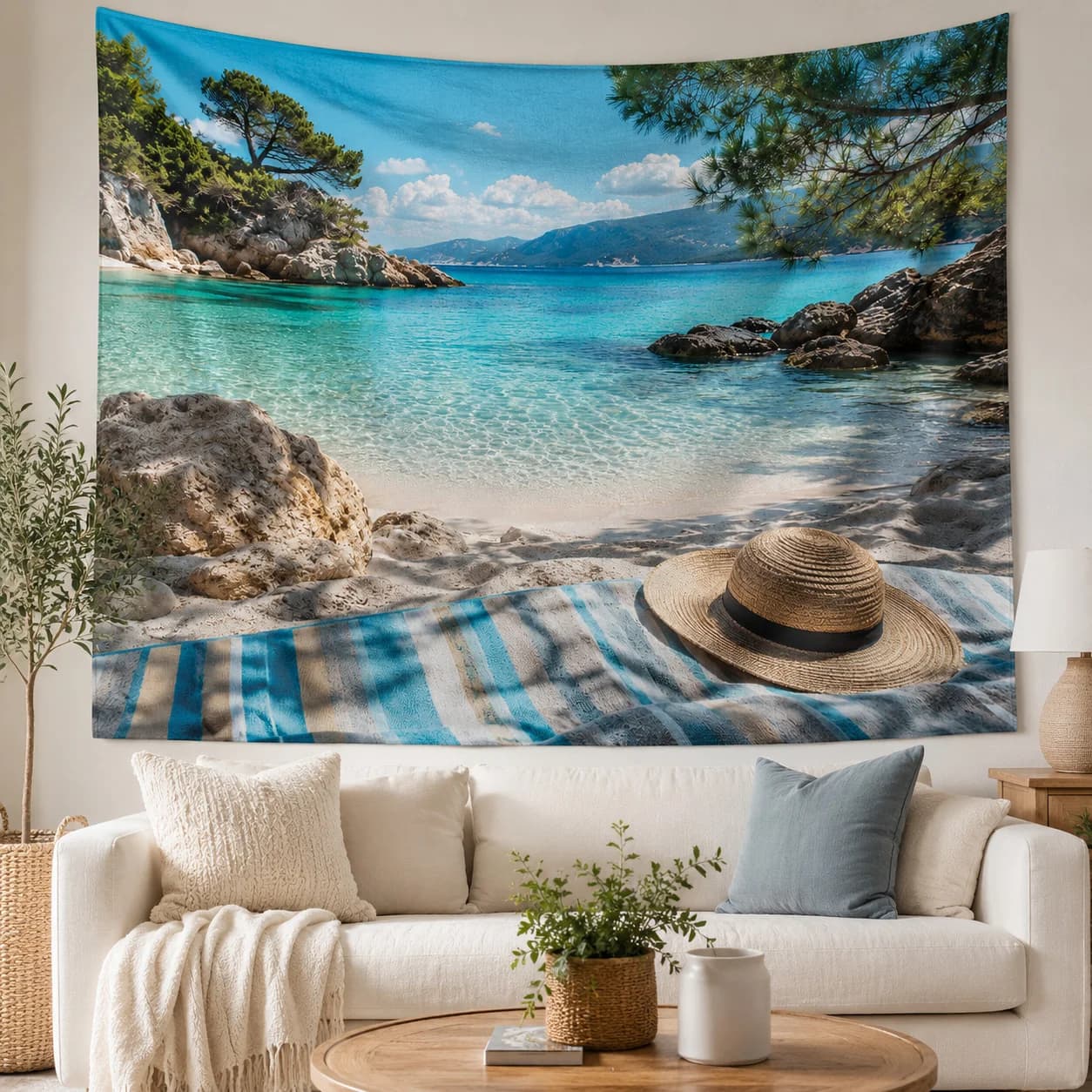 Beach Sea View Tapestry Wall Hanging Coastal Boho Room Decor Aesthetic Bedroom Living Room Nature Scenery Hanging Cloth