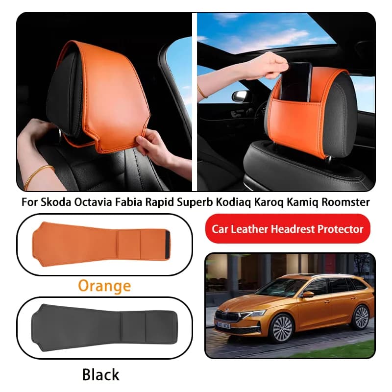 Leather Car Headrest Cover Anti-dirty and Wear-resistant For Skoda Octavia Fabia Rapid Superb Kodiaq Karoq Kamiq Roomster