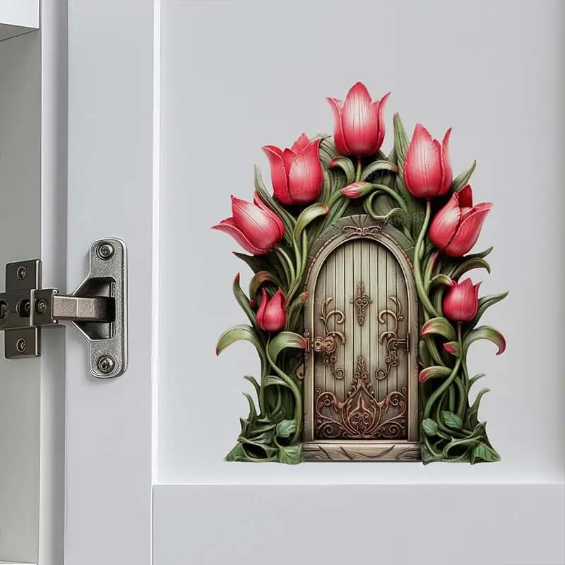 Red Tulip Garden House - Fairy Door Wall Sticker Classroom Living Room Bedroom Wall, Kitchen  Home Decoration Decals S237