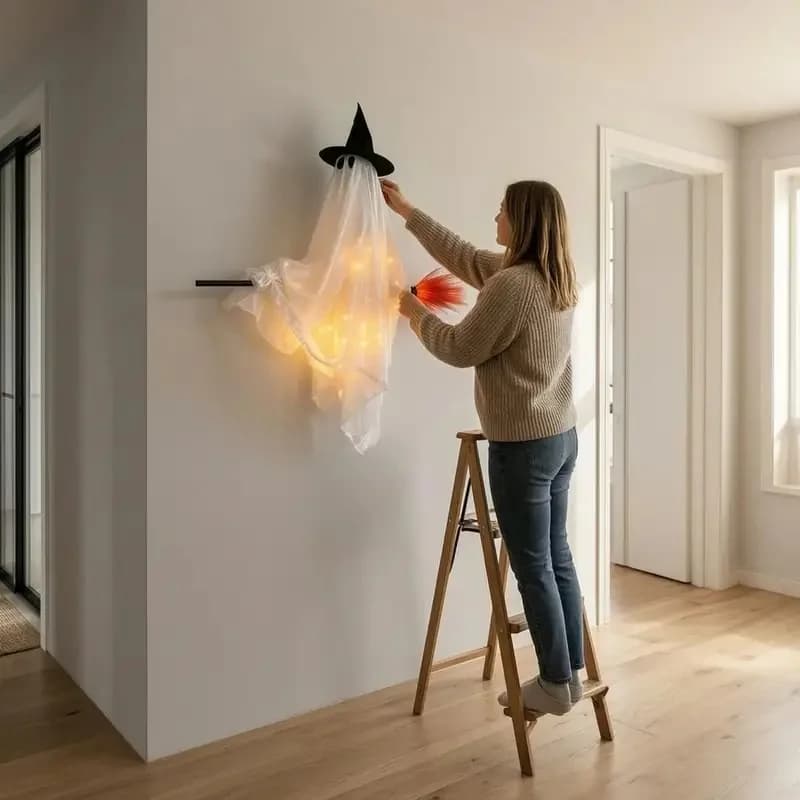 Halloween Hanging Ghost with Witch Hat LED Light Decor Spooky Flying Ghost Ornament for Yard Wall Party Home Decorations