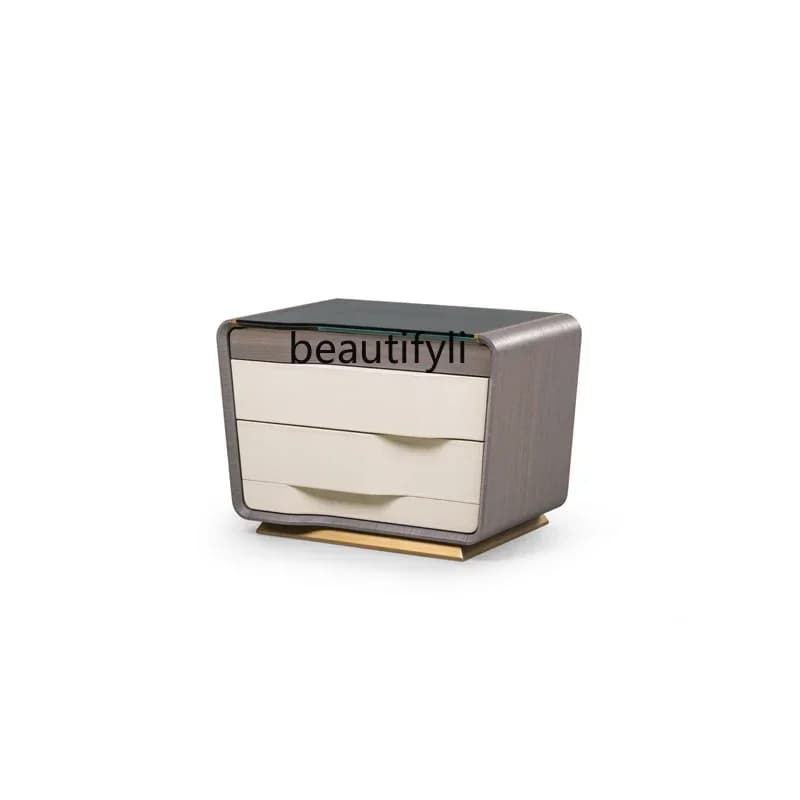 Q181  Light Luxury Italian Bedside Table Glass Table Square Post-Modern Simple Style Designer Bedroom Furniture Solid Wood Cabin